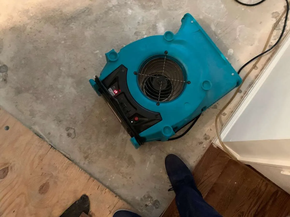 Air mover drying subfloor during Leak Detection & Repair in Fortuna